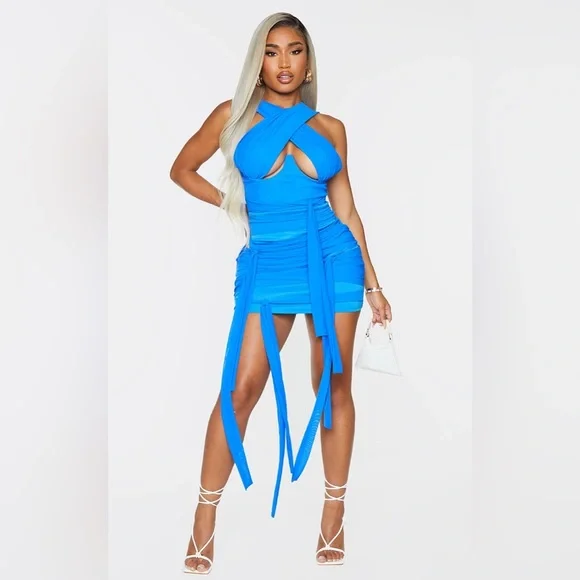 PrettyLittleThing Dresses Shape Cobalt Mesh Wrap Neck Tie